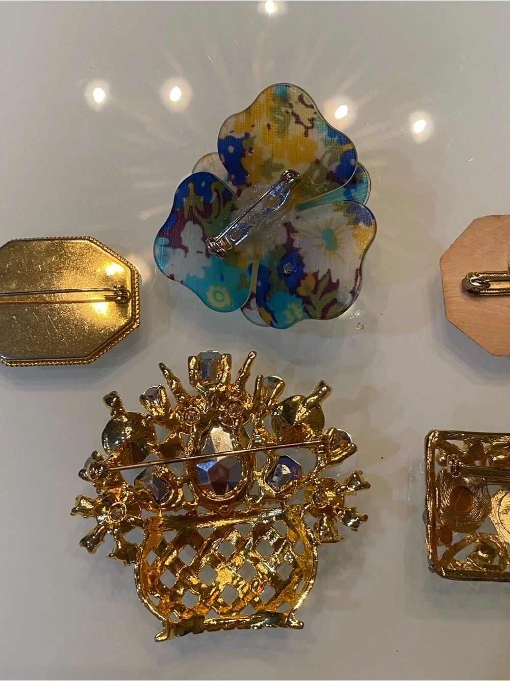 Vintage Italian Micro Mosaic & Multi-Style Floral Brooch Lot - Glass, Wood, Rhin
